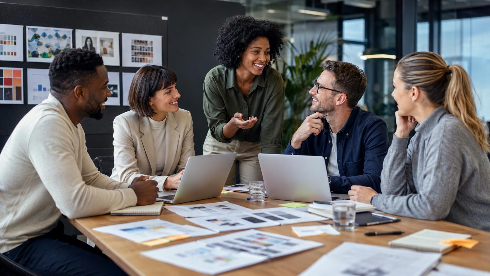 Diverse digital marketing team in a collaborative professional workspace